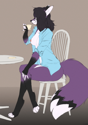 anthro beverage black_body black_fur black_hair blue_clothing blue_shirt blue_topwear bottomless breasts canid canine chair clothed clothing crossed_legs digital_media_(artwork) drinking exposed_breasts female fox foxboy83 fur furniture hair hi_res mammal nipples open_clothing open_shirt open_topwear purple_body purple_fur rosemary_(tootaloo) shirt sitting solo table tea topwear white_body white_fur // 905x1280 // 1.5MB