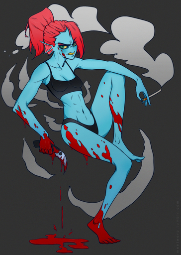 animal_humanoid blue_body blue_skin breasts cigarette cleavage clothed clothing female fin fish fish_humanoid food green_eyes hair hi_res humanoid johnfoxart ketchup knife long_hair marine marine_humanoid meetworp midriff ponytail red_hair simple_background solo underwear undyne video_games // 852x1200 // 459.0KB