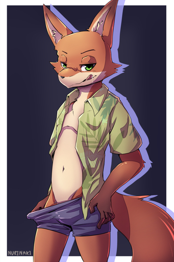 2016 5_fingers anthro biped black_nose bodily_fluids border bottomwear bottomwear_pull bulge canid canine clothed clothing clothing_pull eyebrows fingers fox fur green_eyes grey_background half-closed_eyes hand_on_hip looking_at_viewer male mammal narrowed_eyes naughty_face navel nick_wilde nurinaki open_clothing open_shirt open_topwear orange_body orange_fur pants pants_pull red_fox saliva shirt shorts signature simple_background smile solo standing tan_body tan_fur tongue tongue_out topwear underwear underwear_pull undressing vulpes white_border // 666x1000 // 423.5KB