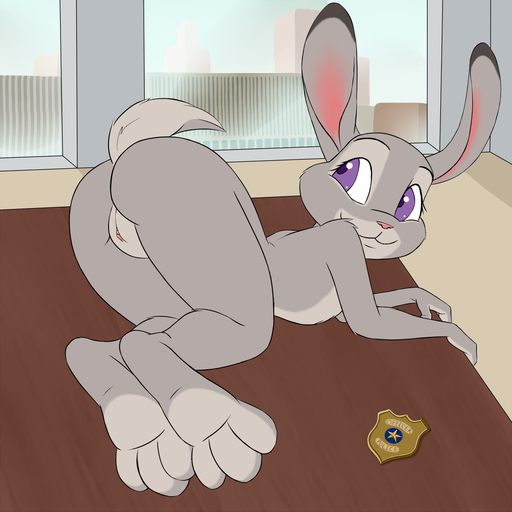 1:1 anthro ass_up badge barefoot biped butt clitoris disney evilymasterful eyelashes feet female foot_focus fur furniture genitals grey_body grey_fur inviting judy_hopps lagomorph leporid long_ears looking_back lying mammal nude on_table paws presenting presenting_hindquarters purple_eyes pussy rabbit smile solo table white_body white_fur window zootopia // 1100x1100 // 501.3KB