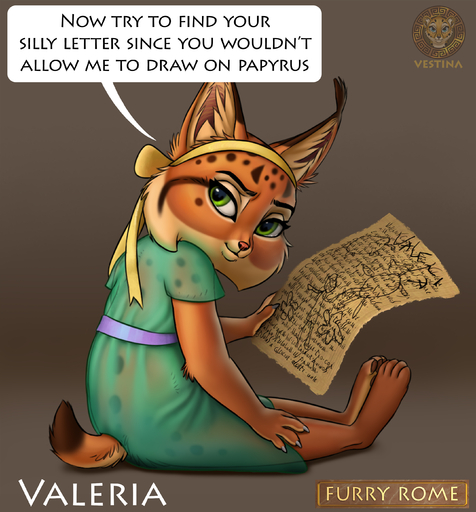 absurd_res ancient_rome anthro belt clothed clothing dialogue dress english_text felid feline female fur green_eyes hi_res inner_ear_fluff latin_text lynx mammal orange_body orange_fur papyrus_(material) simple_background smile smirk solo speech_bubble spots spotted_body spotted_fur text translation_request tuft valeria_(vestina) vestina young // 2605x2804 // 1.6MB
