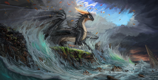 2019 claws day detailed_background digital_media_(artwork) dragon feral hi_res horn membrane_(anatomy) membranous_wings outside rock scales scalie sky spines themefinland water western_dragon wings // 1650x835 // 2.2MB