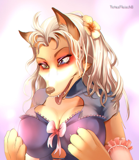 anthro bra breasts brown_body brown_fur canid canine clothed clothing fangs female fox fur hair half-closed_eyes heterochromia mammal narrowed_eyes open_mouth simple_background solo teeth tongue tongue_out totesfleisch8 underwear white_background white_hair // 800x916 // 180KB