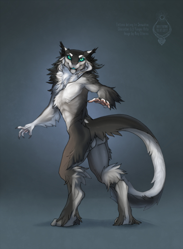 2017 abs alternate_species anthro athletic athletic_anthro athletic_male blue_eyes butt butt_pose chest_tuft felid fur grey_body grey_fur happy hi_res looking_at_viewer looking_back male mammal multicolored_body multicolored_fur paws pecs pose raesheris signature simple_background smile solo tetton tuft two_tone_body two_tone_fur white_body white_fur yaeger yellow_eyes // 1032x1400 // 1.0MB