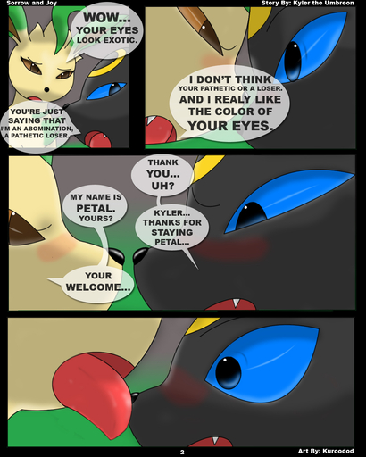 4:5 blush comic dialogue duo eeveelution english_text fan_character female feral generation_2_pokemon generation_4_pokemon hi_res kuroodod kyler_the_umbreon leafeon licking male malefemale petal_the_leafeon pokemon_(species) text tongue tongue_out umbreon video_games // 1200x1500 // 622.1KB