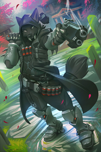 2019 anthro belt blackfang canid canine canis claws clothing cosplay crossover dual_wielding fangs gun handgun holding_object holding_pistol holding_weapon hoodie looking_at_viewer male mammal miles_df outside pistol plantigrade ranged_weapon reaper_(overwatch) scenery smoke solo standing topwear video_games weapon wolf // 633x950 // 766.8KB