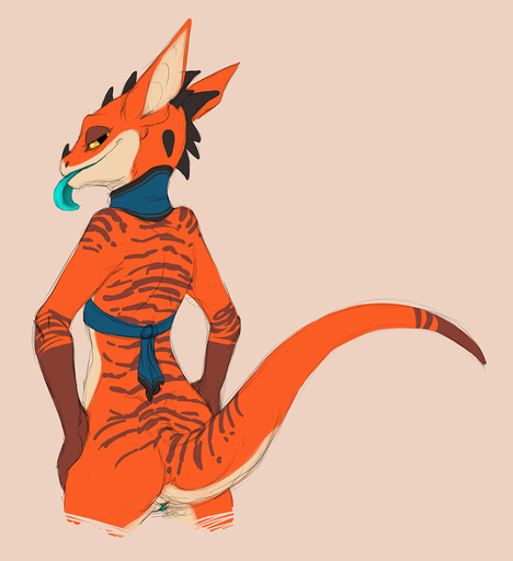 2018 amber_eyes anthro blue_tongue citrus_(character) clothing cyanotic_epithelium female flamespitter genitals half-closed_eyes horn kobold looking_at_viewer looking_back narrowed_eyes orange_body orange_skin pussy reptile scalie simple_background smile solo tongue tongue_out // 915x1000 // 344.5KB
