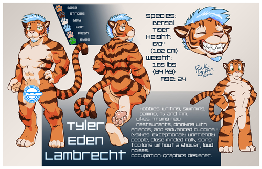 2016 anthro blue_hair border butt censored english_text facial_hair featureless_crotch felid goatee green_eyes hair laughing_man male mammal model_sheet nude pantherine pawpads paws pink_pawpads portrait rick_griffin smile smirk solo text tiger white_border // 1186x767 // 793KB