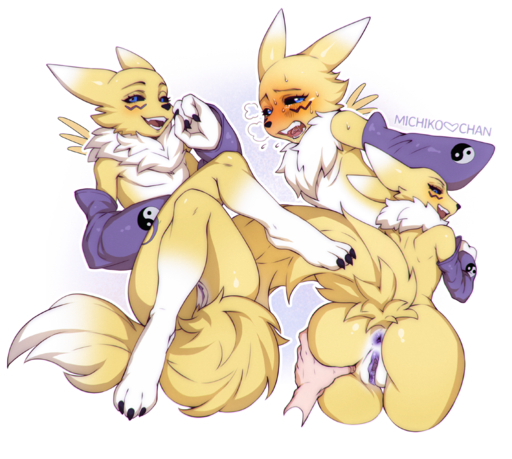 2022 anthro black_sclera blue_eyes blush digimon_(species) female fluffy fluffy_tail fur genitals looking_at_viewer michikochan nude pinup pose pussy renamon sketch_page solo yellow_body yellow_fur // 1255x1125 // 1.5MB