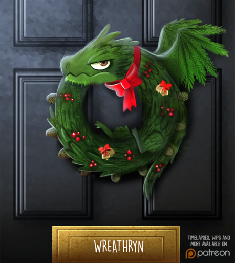 ambiguous_gender bell brown_eyes christmas cryptid-creations door dragon elemental_creature english_text flora_fauna grumpy holidays holly_(plant) humor pinecone plant pun ribbons solo text visual_pun wings wreath wyvern // 800x893 // 828.6KB