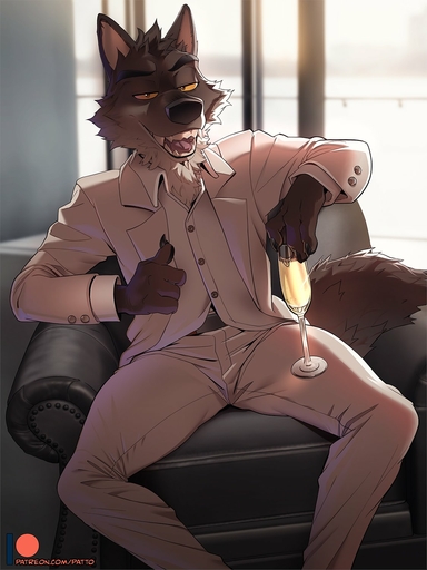 alcohol anthro beverage brown_body canid canine canis champagne champagne_glass clothed clothing digital_media_(artwork) fur furniture glass hi_res holding_glass holding_object looking_at_viewer male mammal mr._wolf_(the_bad_guys) on_sofa open_mouth patto sitting sitting_on_sofa smile sofa solo white_clothing white_suit wolf // 1125x1500 // 189.2KB