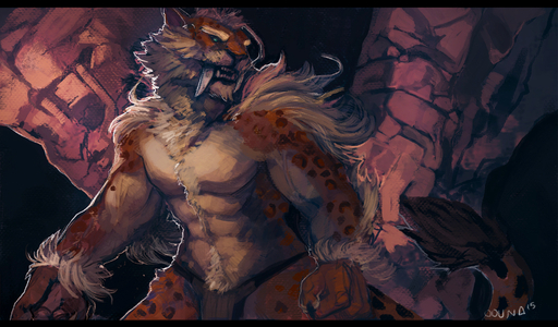 anthro black_bars bottomwear clothed clothing conditional_dnp fangs felid fur hair letterbox loincloth machairodontine male mammal muscular muscular_anthro muscular_male oouna solo standing teeth topless // 1229x720 // 831.9KB