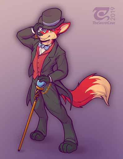 2019 4_toes 5_fingers anthro black_nose canid canine classy clothed clothing digital_media_(artwork) dipstick_tail feet fingers fox fur hat headgear headwear heterochromia hi_res male mammal multicolored_tail orange_body orange_fur simple_background solo thesecretcave toes top_hat // 989x1280 // 991.9KB