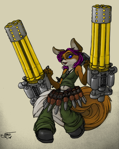 ammunition anthro biped blue_eyes bottomwear brown_body brown_fur canid canine cargo_pants clothing collaboration colored dipstick_tail dual_wielding female fluffy fluffy_tail footwear fox front_view fur gau-8 geena_gonorah gloves_(marking) gun hair holding_gun holding_object holding_weapon ipoke looking_at_viewer mammal markings military misplaced_spigot multicolored_tail open_mouth pants purple_hair ranged_weapon shirt shoes solo standing tail_markings tank_top topwear weapon // 800x999 // 540KB