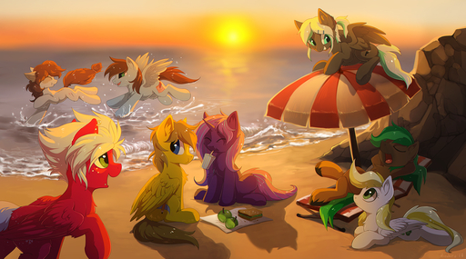 beach beach_umbrella blonde_hair blue_eyes cutie_mark detailed_background equid equine fan_character feathers female feral fur green_eyes group hair hioshiru hooves horn horse male mammal outside pegasus purple_body purple_fur red_body red_feathers red_fur seaside smile sunset unicorn water white_body white_feathers wings yellow_body yellow_feathers yellow_fur // 1500x836 // 1.3MB