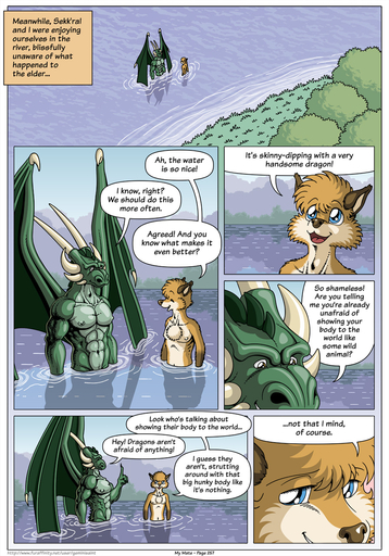 7:10 abs anthro biceps biped blue_eyes brown_body brown_eyes brown_fur brown_nose canid canine cheek_tuft chest_tuft claws close-up clothed clothing comic dialogue digital_media_(artwork) dragon duo english_text facial_tuft farin fox fur geminisaint green_body hair head_tuft hi_res horn male mammal membrane_(anatomy) membranous_wings multicolored_body muscular muscular_anthro muscular_male navel nipples nude open_mouth partially_submerged pecs scalie sekk'ral skinny_dipping speech_bubble spines standing tan_body tan_fur tan_hair text tongue topless tuft water wing_claws wings // 896x1280 // 505.9KB