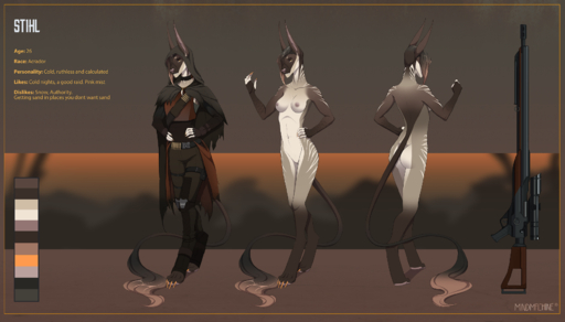 4_toes 5_fingers acrador anthro barefoot canid canine canis claws digital_media_(artwork) digitigrade english_text feet female fingers gun hair hi_res jackal long_ears mammal mindmachine model_sheet ranged_weapon solo stihl_(vega117) text toes weapon // 1752x1000 // 1.5MB