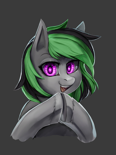 <3 <3_eyes anthro bust_portrait elli_(livinthelife0friley) equid female fur general-irrelevant green_hair grey_background grey_body grey_fur hair hi_res looking_at_viewer mammal open_mouth pink_eyes portrait simple_background smile solo // 1080x1440 // 411.1KB