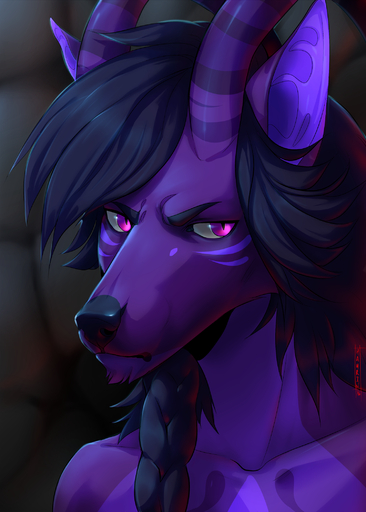 2016 anthro black_hair black_nose braided_hair eyebrows fur hair hauringu hi_res mammal purple_body purple_eyes purple_fur solo // 1500x2100 // 1.7MB