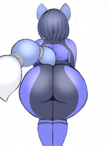 2019 anthro big_butt blue_hair bodysuit butt canid canine clothing colored_sketch dipstick_tail female fox hair hi_res krystal mammal multicolored_tail nintendo omegasunburst rear_view simple_background skinsuit solo star_fox tailband tight_clothing video_games white_background // 1280x1728 // 1.1MB