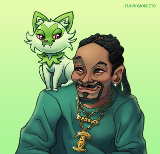 absurd_res ambiguous_gender cheek_tuft dreadlocks duo ear_piercing facial_hair facial_tuft feral flaviomodezto fur goatee gold_(metal) gold_jewelry gold_necklace green_background green_body green_fur half-closed_eyes hi_res human inner_ear_fluff jewelry longsleeve looking_at_another male mammal narrowed_eyes necklace piercing red_eyes sharp_teeth simple_background sitting sitting_on_person smile smiling_at_each_other snoop_dogg sprigatito teeth tuft video_games // 3904x3777 // 12.4MB