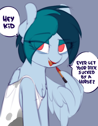 2018 ? blue_body blue_feathers clothed clothing delta_vee dialogue dirty_talk english_text equid equine eyebrows eyelashes eyeshadow fan_character feathered_wings feathers female feral grey_background hair holding_object hooves horse lipstick looking_at_viewer makeup mammal mature_female open_mouth open_smile pegasus portrait raised_eyebrow red_eyes shinodage shirt short_hair simple_background smile solo speech_bubble suggestive talking_to_viewer tank_top teal_hair teeth text tongue topwear wings // 597x768 // 207.3KB