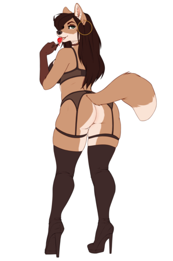 anthro bottomless bra butt canid canine choker clothed clothing digital_media_(artwork) ear_piercing ear_ring female footwear fox fur garter_belt garter_straps green_eyes hair high_heels hoop_earring jewelry legwear licking lingerie looking_back mammal missy_(artist) necklace nikki_(missy) piercing shoes simple_background solo stockings thigh_highs tongue tongue_out underwear // 663x997 // 156.5KB