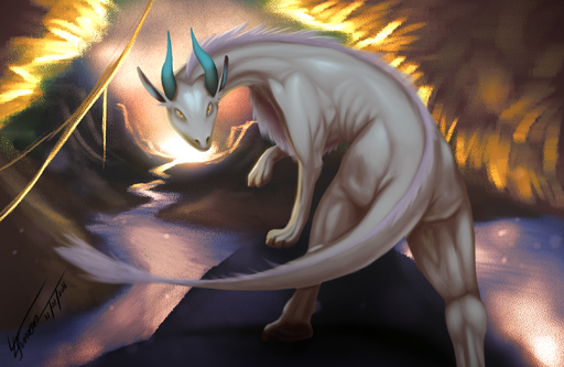 ambiguous_gender athosvds big_tail blue_horn butt colorful detailed_background dragon feral hi_res horn long_ears looking_at_viewer solo yellow_eyes // 2267x1474 // 5.3MB