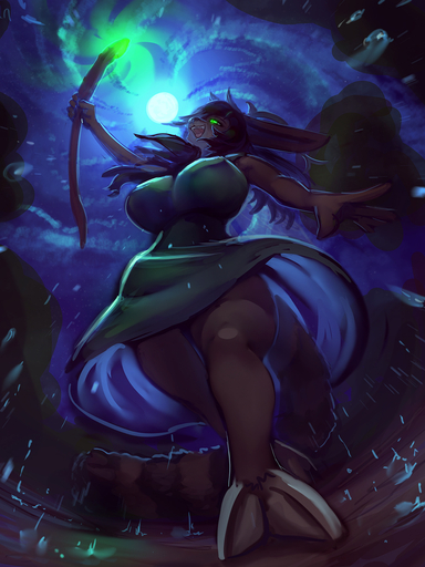 anthro big_breasts breasts brown_body brown_fur clothing digital_media_(artwork) dress female full_moon fur general-irrelevant green_clothing green_dress green_eyes hair hi_res holding_object holding_staff hooves hybrid low-angle_view mits_(character) moon nipple_outline open_mouth outside raining smile solo staff walking worm's-eye_view // 1080x1440 // 715.5KB