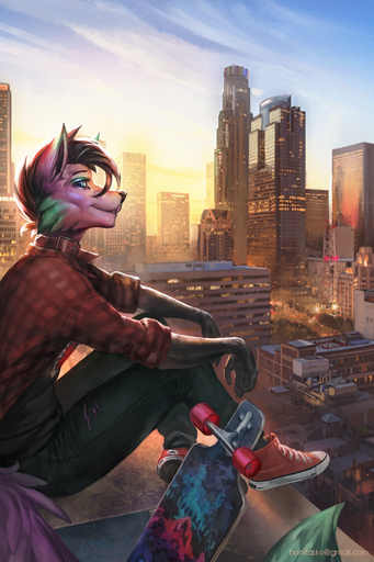 2:3 anthro biped blue_eyes bonifasko building canid canine city clothed clothing collar detailed_background female fox fur green_body green_fur hair hi_res looking_at_viewer mammal outside pink_body pink_fur sitting skateboard smile solo tomboy // 800x1200 // 855.8KB