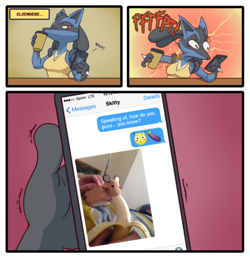 anthro banana beverage clothed clothing coffee dedenne dialogue eggplant english_text female feral food fruit humor lucario meme phone plant pokemon_(species) sirartwork solo text video_games // 855x892 // 471.1KB