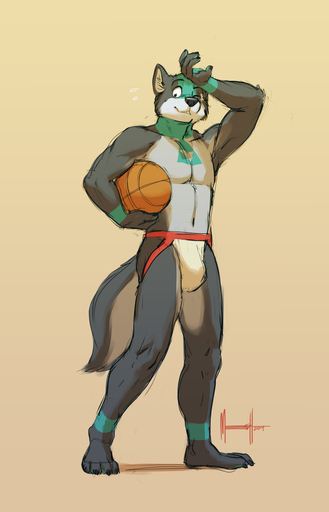 2014 9:14 anthro basketball bodily_fluids bulge canid canine clothed clothing digital_media_(artwork) hi_res jockstrap male mammal meesh sketch skimpy smile solo standing sweat tattoo topless triforce underwear // 900x1400 // 383.2KB