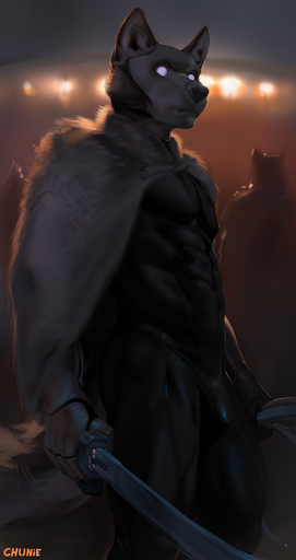 2020 anthro armor bulge canid canine canis chunie cloak clothed clothing detailed_background digital_media_(artwork) fur_clothing gauntlets gloves group handwear hi_res holding_object holding_weapon looking_aside looking_at_viewer male mammal mask melee_weapon muscular muscular_male outside rubber rubber_clothing rubber_suit science_fiction skinsuit solo_focus standing sword tight_clothing weapon wolf // 678x1280 // 242.7KB