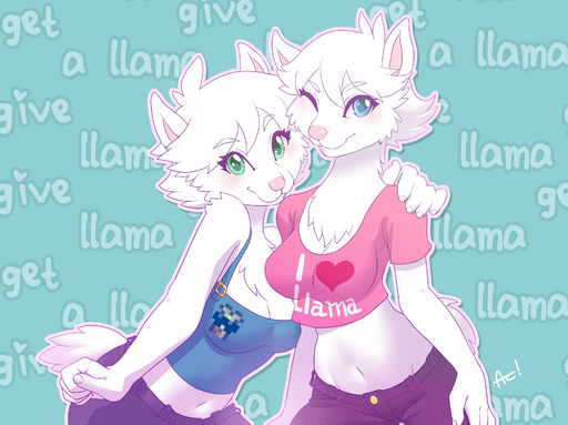 5_fingers alanscampos anthro blue_eyes blush breasts camelid clothing digital_media_(artwork) duo english_text female fingers fur green_eyes hand_on_shoulder hi_res llama mammal one_eye_closed shirt smile tank_top text topwear white_body white_fur wink // 3197x2390 // 698.8KB