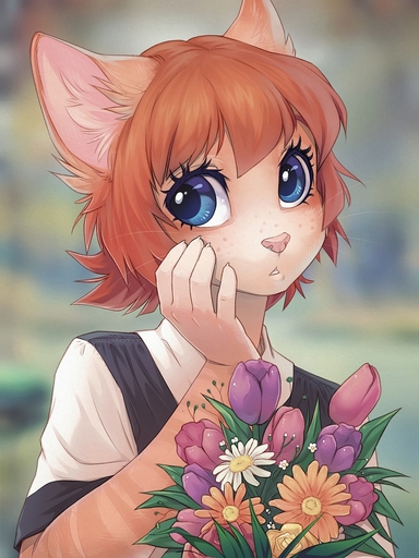2015 5_fingers <3 anthro blue_eyes bouquet bust_portrait claws clothed clothing digital_media_(artwork) domestic_cat eyebrows eyelashes felid feline felis female fingers flower freckles front_view hair inner_ear_fluff iskra looking_at_viewer mammal orange_hair pink_nose plant portrait shaded short_hair simple_background solo tuft vera_(iskra) whiskers // 844x1125 // 310.4KB