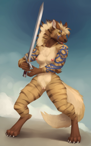 10:16 abstract_background anrak_(scidragon) anthro blush bodypaint breasts claws female genitals gnoll hi_res hyaenid looking_at_viewer mammal mane melee_weapon merrunz nipples nude pussy scidragon solo standing striped_hyena sword weapon woad yellow_eyes // 1350x2160 // 11.1MB
