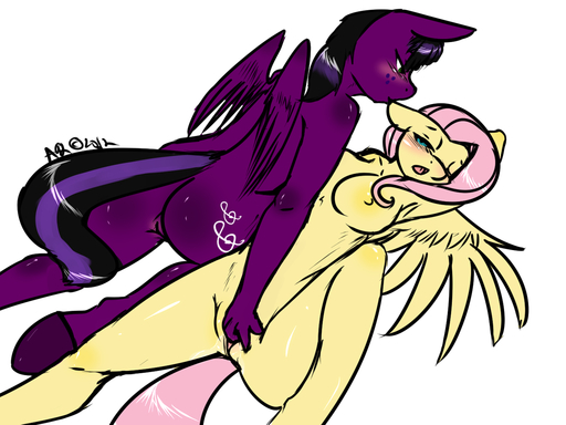 2012 4:3 anthro anthrofied avante92 blue_eyes blush breasts cutie_mark duo equid equine feathered_wings feathers female femalefemale fingering fluttershy_(mlp) freckles fur genitals hair horse lying mammal multicolored_hair one_eye_closed pegasus pink_hair purple_body purple_fur pussy simple_background spread_legs spreading two_tone_hair white_background wings yellow_body yellow_feathers yellow_fur // 1280x960 // 545.4KB