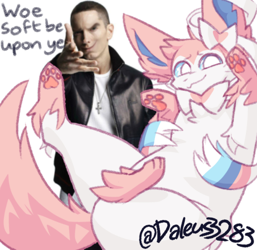 2022 anthro artist_name broken_english clothed clothing colored digital_drawing_(artwork) digital_media_(artwork) domestic_cat duo eeveelution eminem english_text felid feline felis feral fur hair human humanoid humor looking_at_viewer male mammal meme nibui pawpads pink_body pink_fur pokemon_(species) rapper ribbons shaded shitpost signature simple_background smile sylveon text throwing throwing_character video_games white_background // 650x634 // 346.9KB