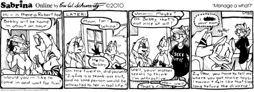 2010 anthro apron bottomless bracelet canid canine clothed clothing comic digital_drawing_(artwork) digital_media_(artwork) english_text eric_schwartz felid female fox greeting group helen_dish hi_res jewelry male mammal mature_anthro mature_female max_blackrabbit mephitid missing_sample monochrome mother mother_and_child mother_and_son pantherine parent parent_and_child sabrina_online skunk son text tiger webcomic webcomic_character zig_zag // 2123x768 // 105.7KB