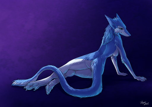 2012 anthro blue_body blue_eyes blue_fur blue_hair blue_theme breasts coy dagger_leonelli female fur hair hindpaw kate_(morpheuskibbe) long_tail looking_at_viewer mammal morpheuskibbe nude paws sergal side_boob solo // 900x637 // 544.0KB