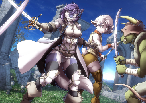 anthro bandage bovid butt_pose canid canine canis caprine clothed clothing detailed_background domestic_sheep female gloves grass group hair handwear holding_object holding_sword holding_weapon horn jacket lucia_(character) mammal melee_weapon open_mouth outside plant pose ruins sheep sky standing sword topwear twinkle-sez weapon wolf // 1280x905 // 972.2KB