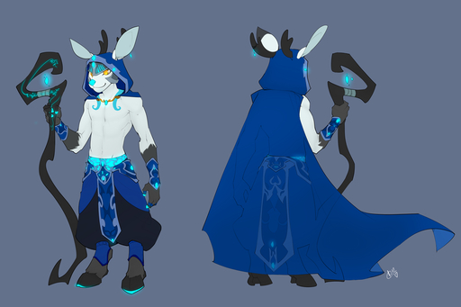 anthro antlers black_body black_fur clothed clothing fur glowing glowing_eyes grey_background hair horn jewelry magic male melee_weapon model_sheet patto polearm simple_background solo staff topless weapon white_body white_fur white_hair yellow_eyes // 1280x853 // 349.6KB