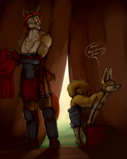 2015 4:5 anthro anthro_on_anthro armor bent_over bottomwear bottomwear_down breasts brown_body brown_fur canid canine clothed clothing detailed_background dialogue digital_media_(artwork) duo english_text female fennec flirting fox fur green_eyes hair inside ipoke larger_male male malefemale mammal pants pants_down partially_clothed presenting raised_tail red_hair size_difference smaller_female suggestive tent text topless undressing vulpes // 800x1000 // 339.0KB