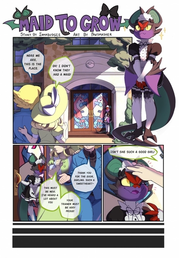 clothed clothing comic cover cover_art cover_page crossdressing dialogue english_text girly good_girl hi_res human maid_uniform male mammal nevi_(character) noivern pawsmasher pet_praise petting pokemon_(species) speech_bubble stained_glass text uniform video_games // 887x1280 // 282.3KB