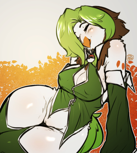 2016 anthro avante92 avian blush bottomless breasts brown_body brown_feathers cleavage clothed clothing collar dartrix digital_media_(artwork) eyes_closed feathers female genitals green_body green_feathers green_hair hair hi_res legwear non-mammal_breasts pokemon_(species) pokemorph pussy solo thick_thighs video_games white_body white_feathers wide_hips // 1394x1551 // 1.3MB