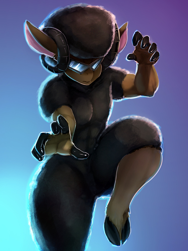 3:4 5_fingers afro anthro bovid brown_body caprine eyewear eyewear_only featureless_crotch fingers general-irrelevant glasses glasses_only hi_res hooves horn male mammal nude on_one_leg sheep simple_background solo standing // 1080x1440 // 635.1KB