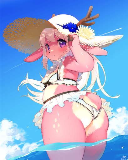 anthro antlers bikini blush breasts butt cervid clothed clothing female fur hair hat headgear headwear hi_res horn kemono kishibe long_hair mammal outside panties partially_submerged pink_body pink_fur purple_eyes short_stack small_breasts small_tail smile solo spots standing swimwear thick_thighs underwear water white_body white_fur white_hair // 1079x1350 // 987.5KB