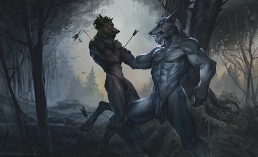 2017 5_fingers abs action_pose angry anthro avian barefoot beard biceps big_muscles bird bonifasko brown_body brown_fur canid canine chokehold claws clenched_teeth detailed detailed_background duo eye_contact facial_hair featureless_crotch feet fingers forest fur grey_body grey_fur hand_on_arm larger_male looking_at_another male mammal muscular muscular_male nude obliques outside pawpads pecs plant pose pubes scar sharp_claws sharp_teeth size_difference smaller_male standing teeth toe_claws tree triceps were werecanid werecanine werewolf wounded yellow_eyes // 1300x792 // 585.6KB