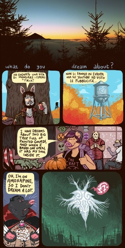 anthro apple canid canine canis clothing comic costume detailed_background dialogue domestic_pig dramamine eating english_text eulipotyphlan facial_hair food fruit genitals group hi_res holidays italian_text lagomorph male mammal mask mole_(animal) penis phone plant pumpkin speech_bubble suid suina sus_(pig) text translated ursid water_tower wolf // 645x1280 // 252.2KB