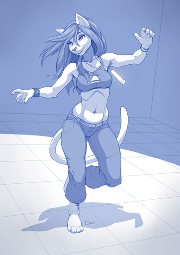 2014 4_toes anthro barefoot biped clothed clothing digital_media_(artwork) domestic_cat feet felid feline felis female hair long_hair mammal midriff monochrome navel skimpy solo toes wolfy-nail // 707x1000 // 151KB